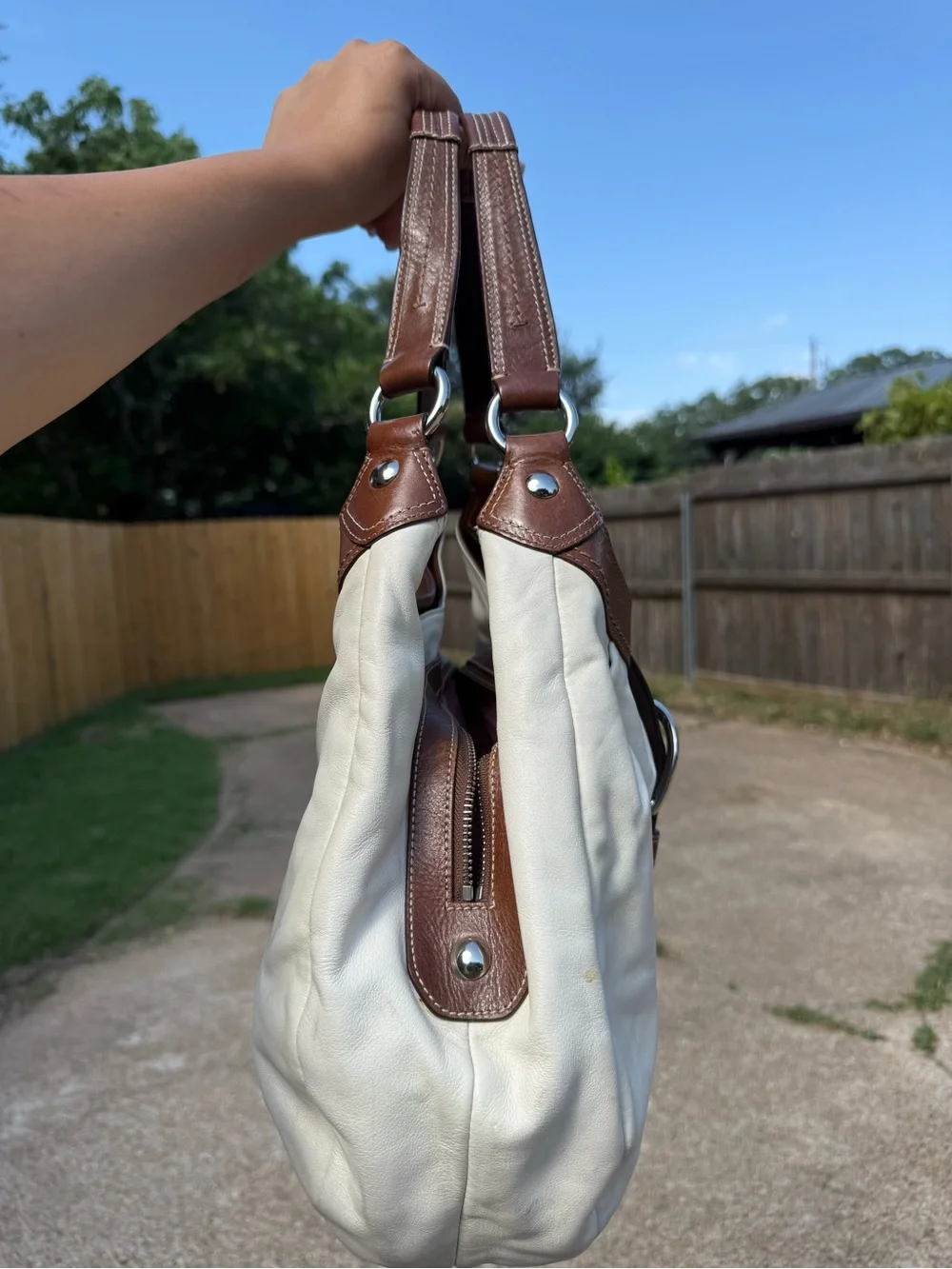 Coach SoHo White Leather Hobo Bag with Brown Trim